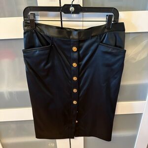 Versace Black Leather Pencil Skirt with Gold Buttons
